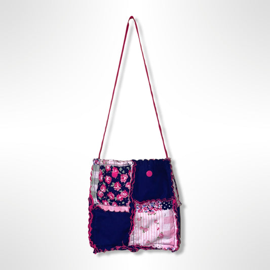 Pink & Navy Flower Quilt Fluffy Rag Bag